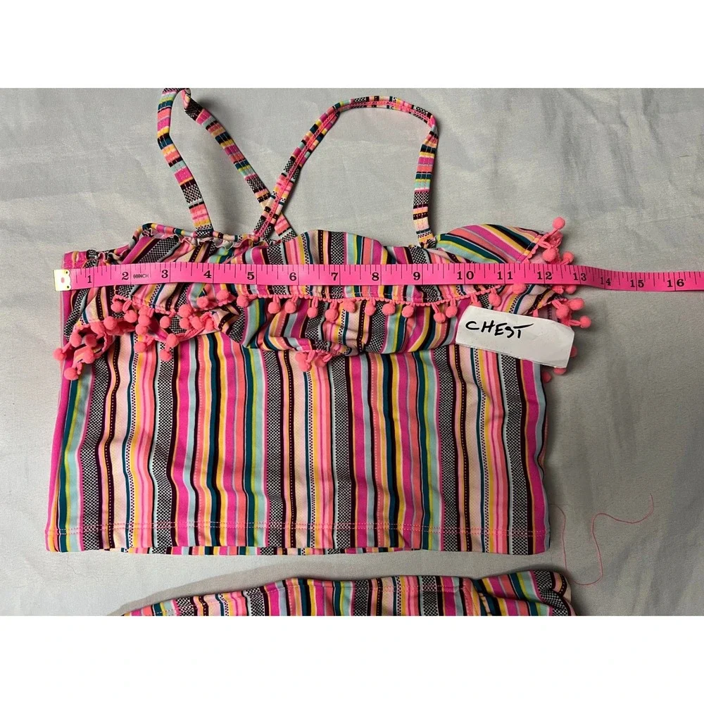 Malibu Design Group Girls Striped Pom-Pom Tankini Swimsuit Set Pink Multi Sz 12